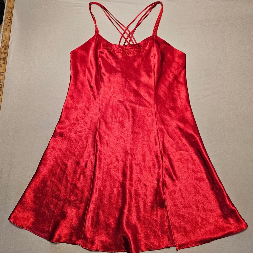 Vintage 80s Inner Most Satin Nightgown Womens Medium Red Embroidered Floral Slit